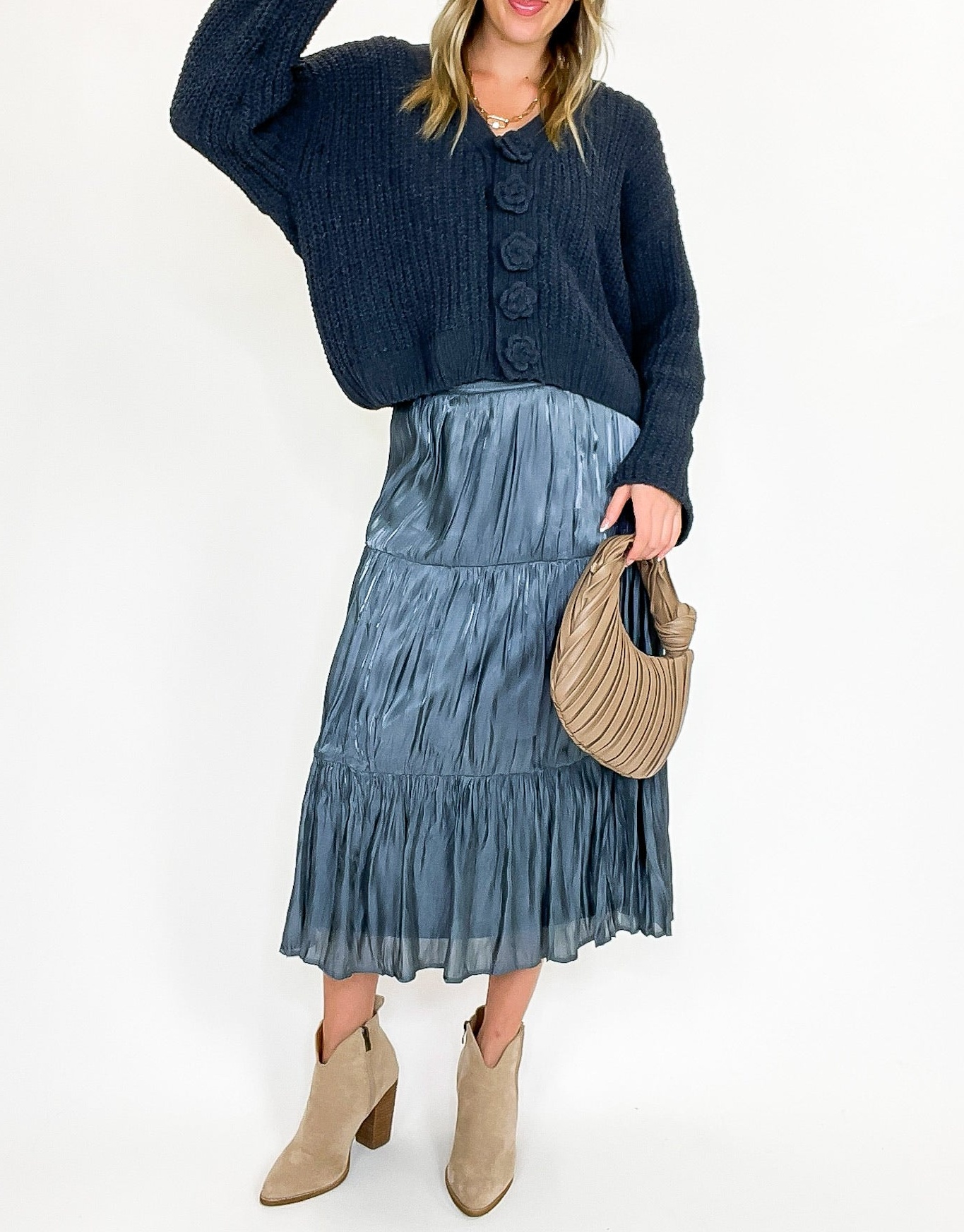 Captivating Delight Tiered Crinkle Shimmer Satin Skirt