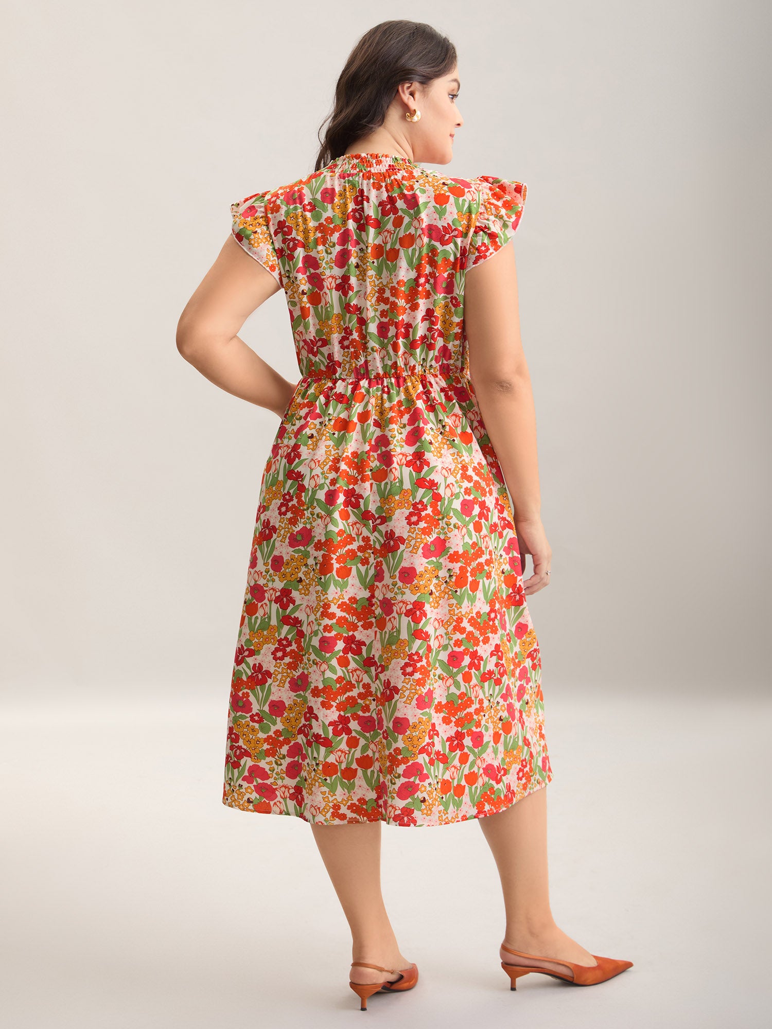 Floral Print Shirred Pockets Midi Dress