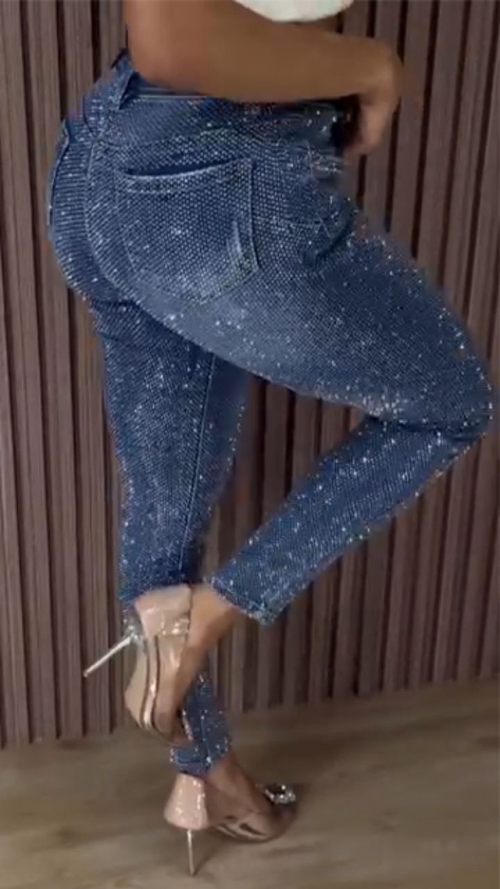 Women High Waisted Rhinestone Washed Casual Jeans