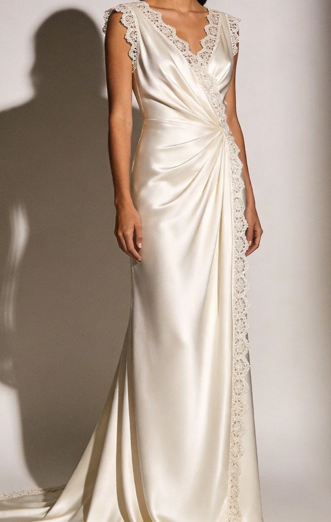 Silky Satin Drape + Delicate Crochet Trim – Timeless Maxi Dress for Evening