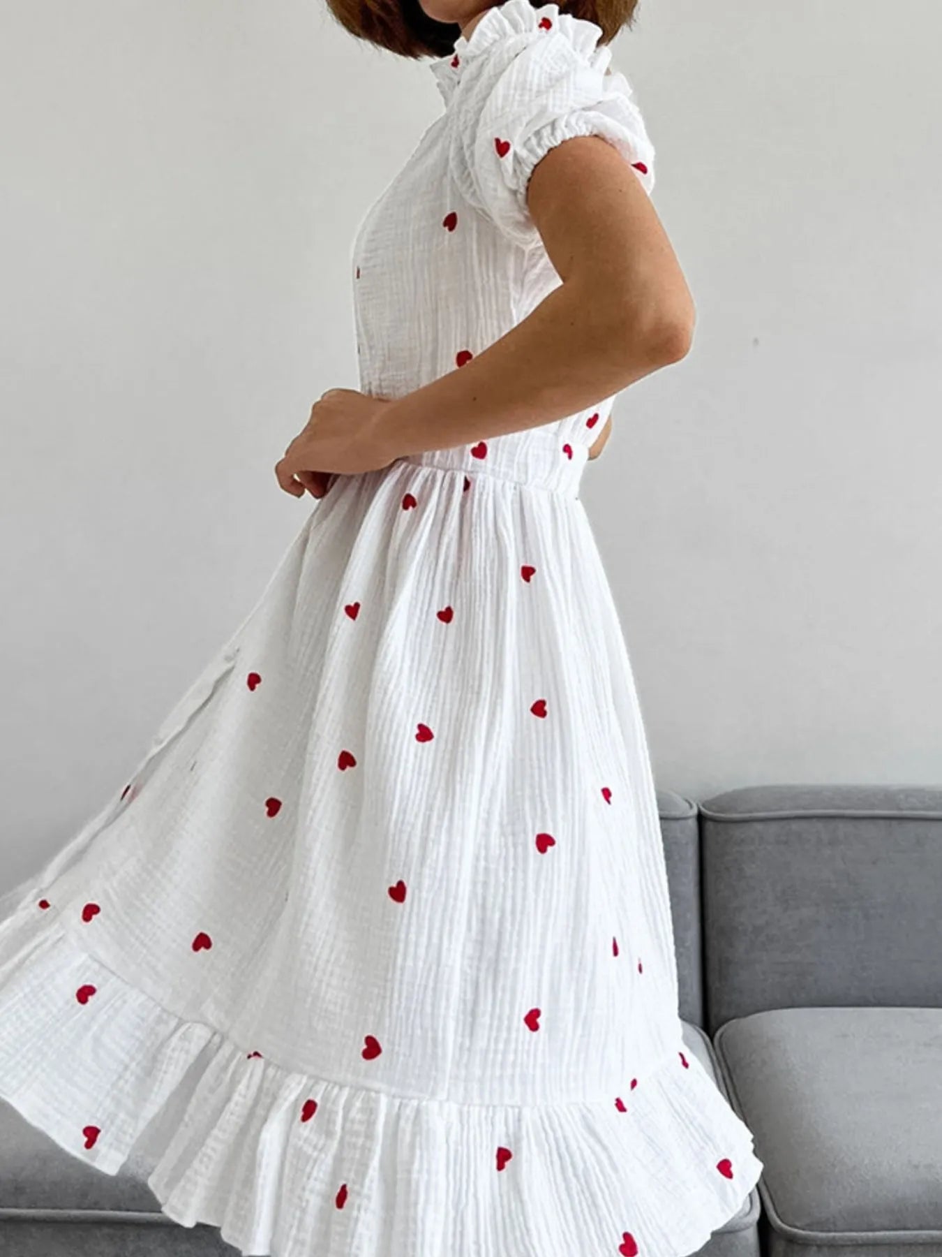 Heart Printed Off-Shoulder Ruffle Mini Dress