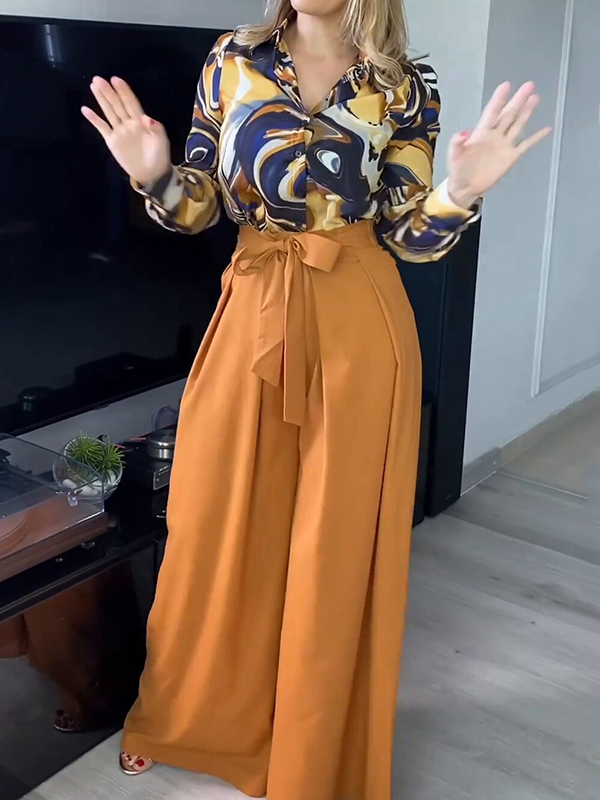 Printed Buttoned Lapel Blouse + Tied Waist High Waisted Wide Leg Pants Two Pieces Set