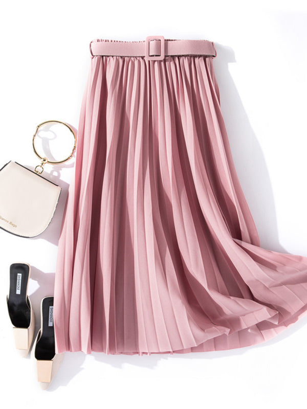 Pleated Skirt Mid-Length High Belt Versatile A-Line Skirt