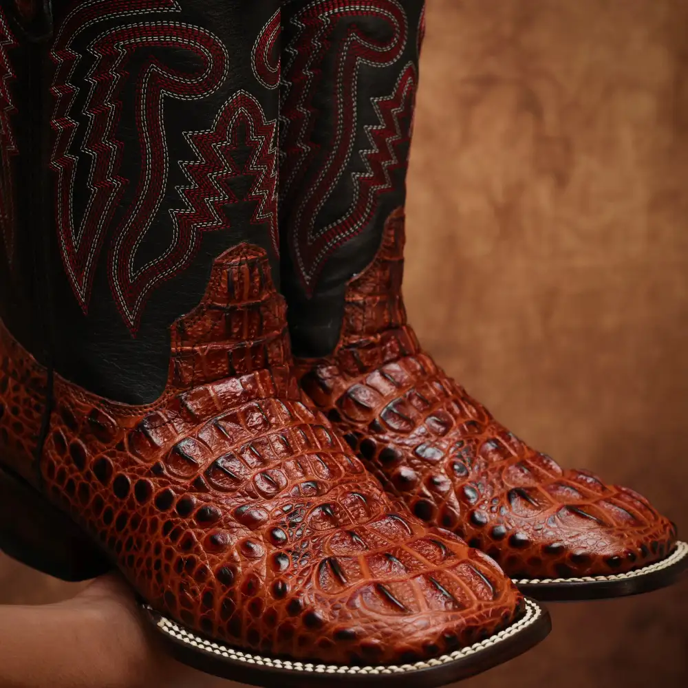 Cognac Caiman Neck Leather Boots - Square Toe