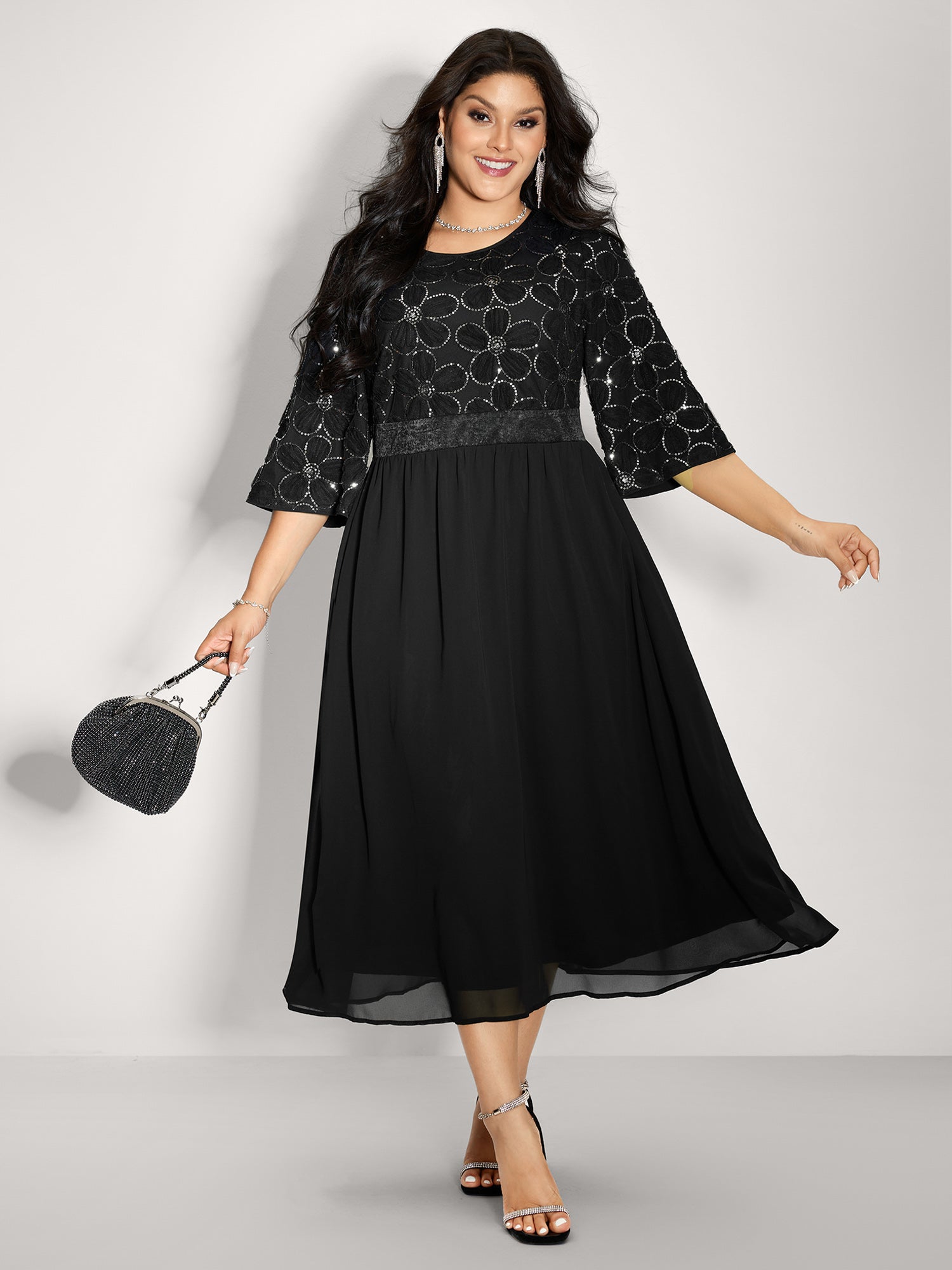 Sequin Floral Tulle Shirred Waist Midi Dress