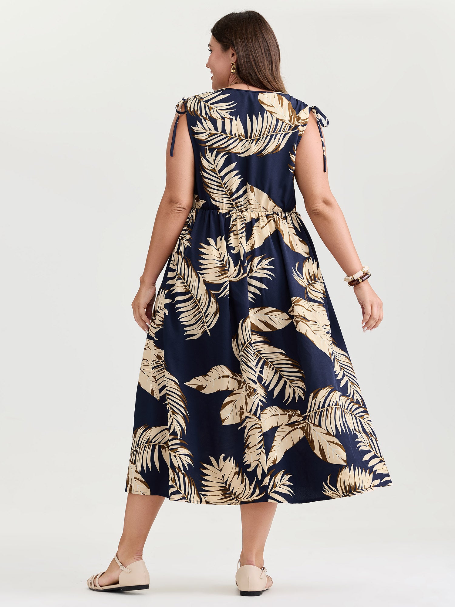 Tropical Print Wrap Neck Shoulder-Tie Midi Dress