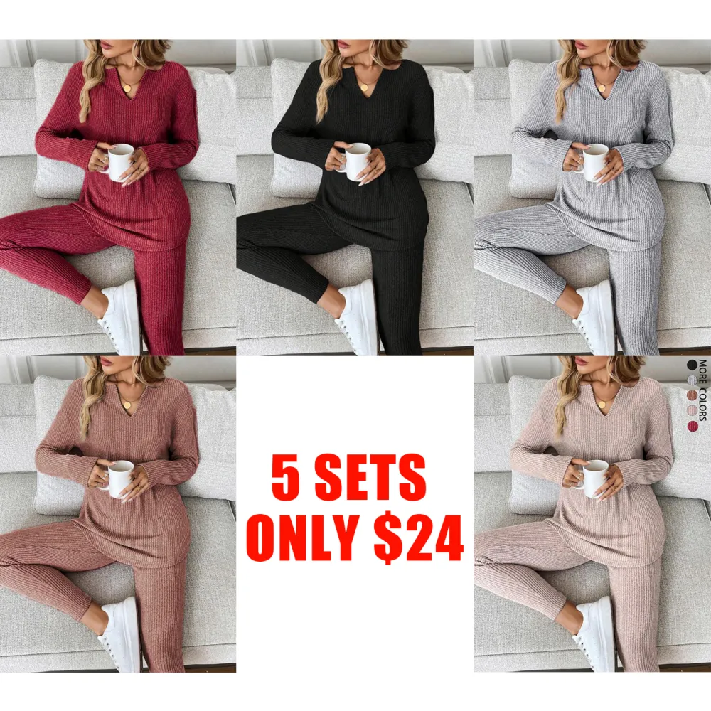 Women’s Plush Rib-Knit Long Sleeve Top & Leggings Set for Autumn/Winter