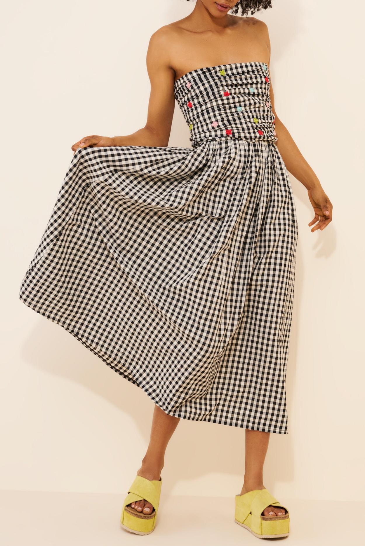 Strapless Gingham Floral Decal Dress