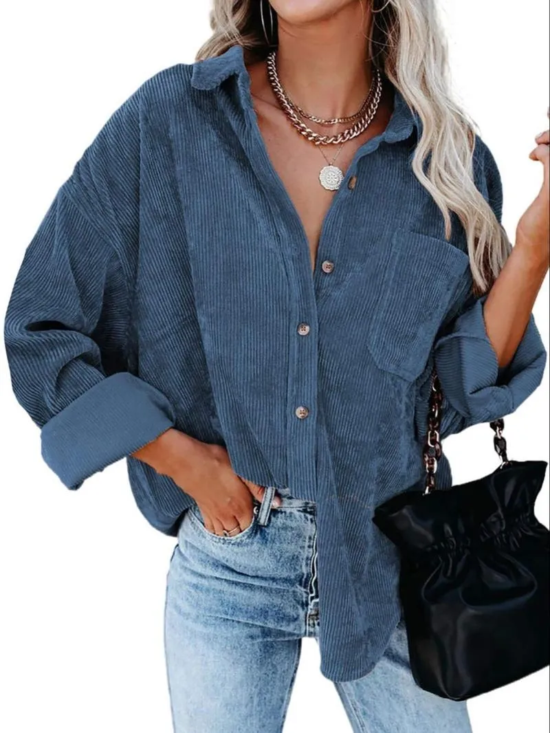 Women's Plain Pocket Button Front Corduroy Shirt