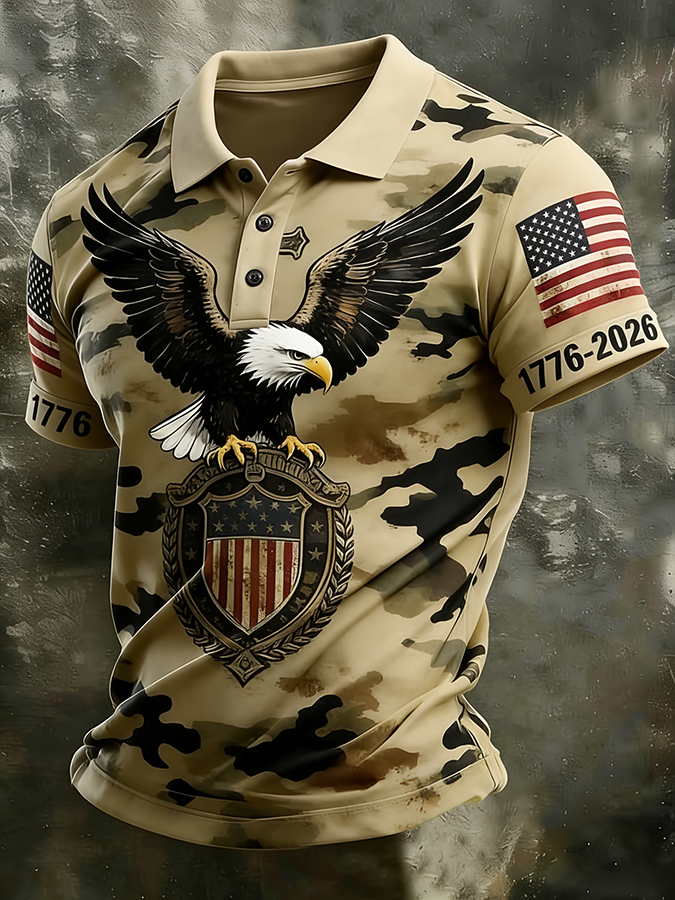 Men'S Retro 250Th Anniversary Celebration American Flag Collar Camouflage Polo Shirt
