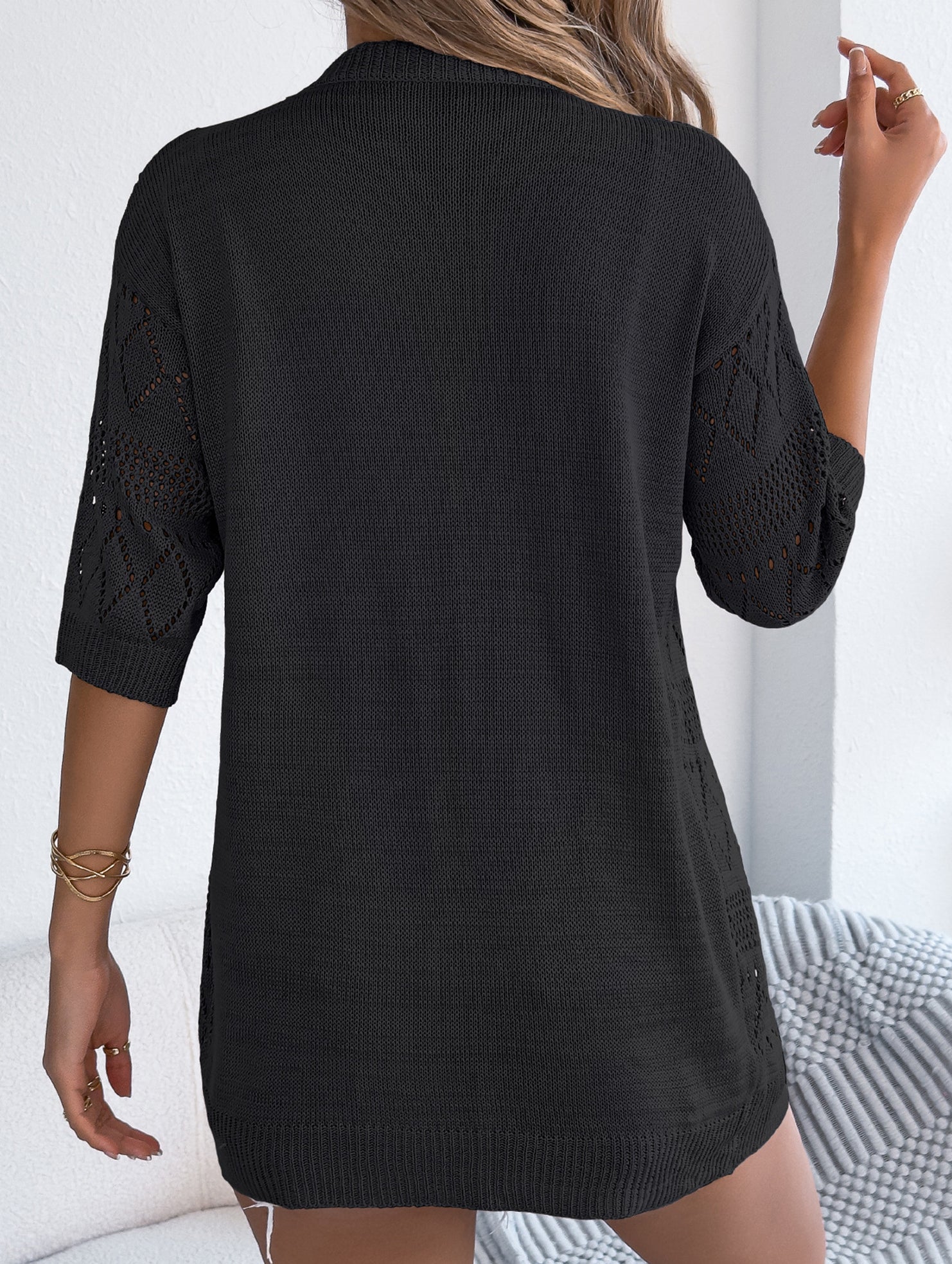 Solid Hollow Mid Sleeve Knit Cardigan