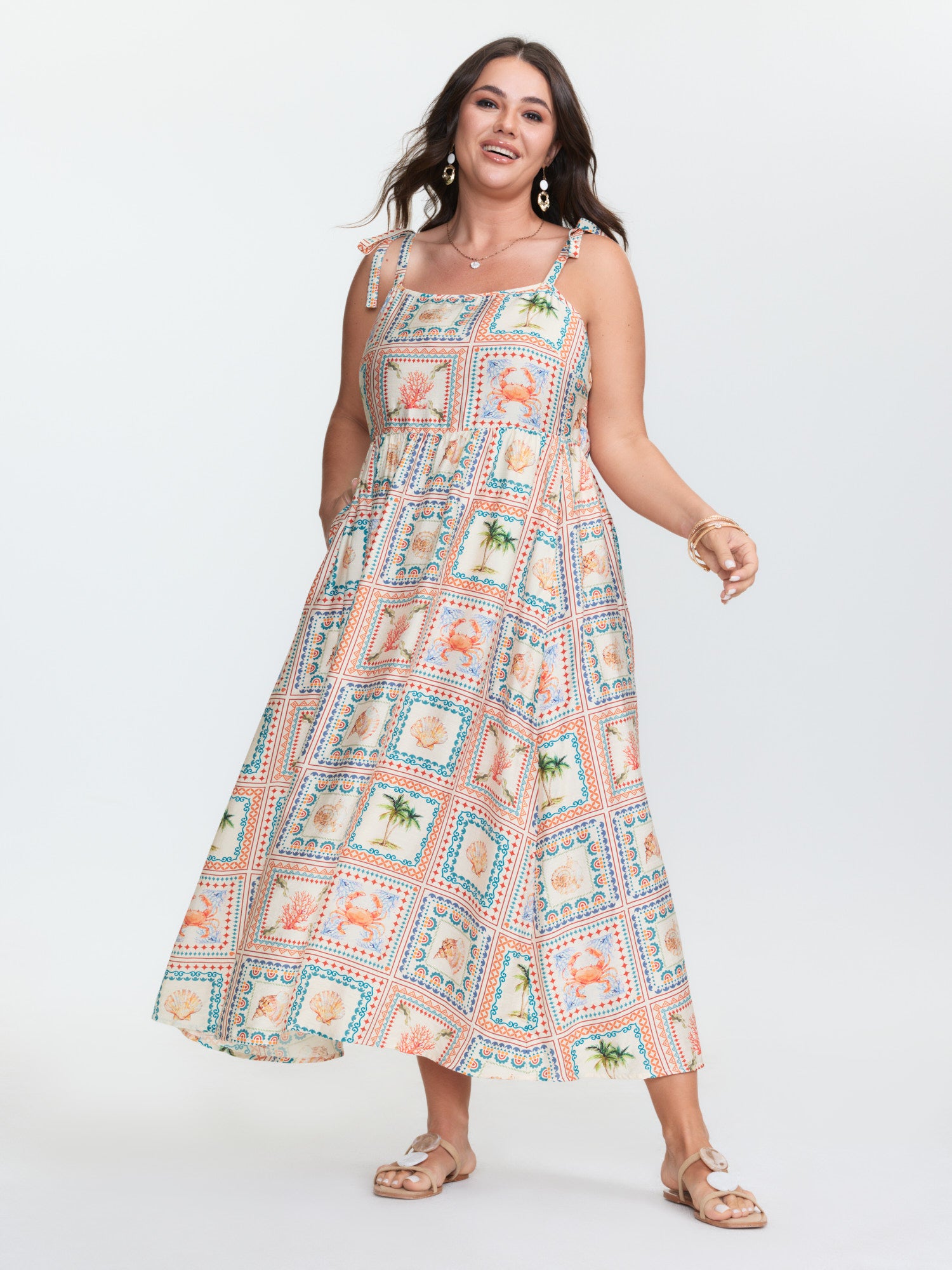Vacation-Ready Collage Print Shoulder-Tie Maxi Dress