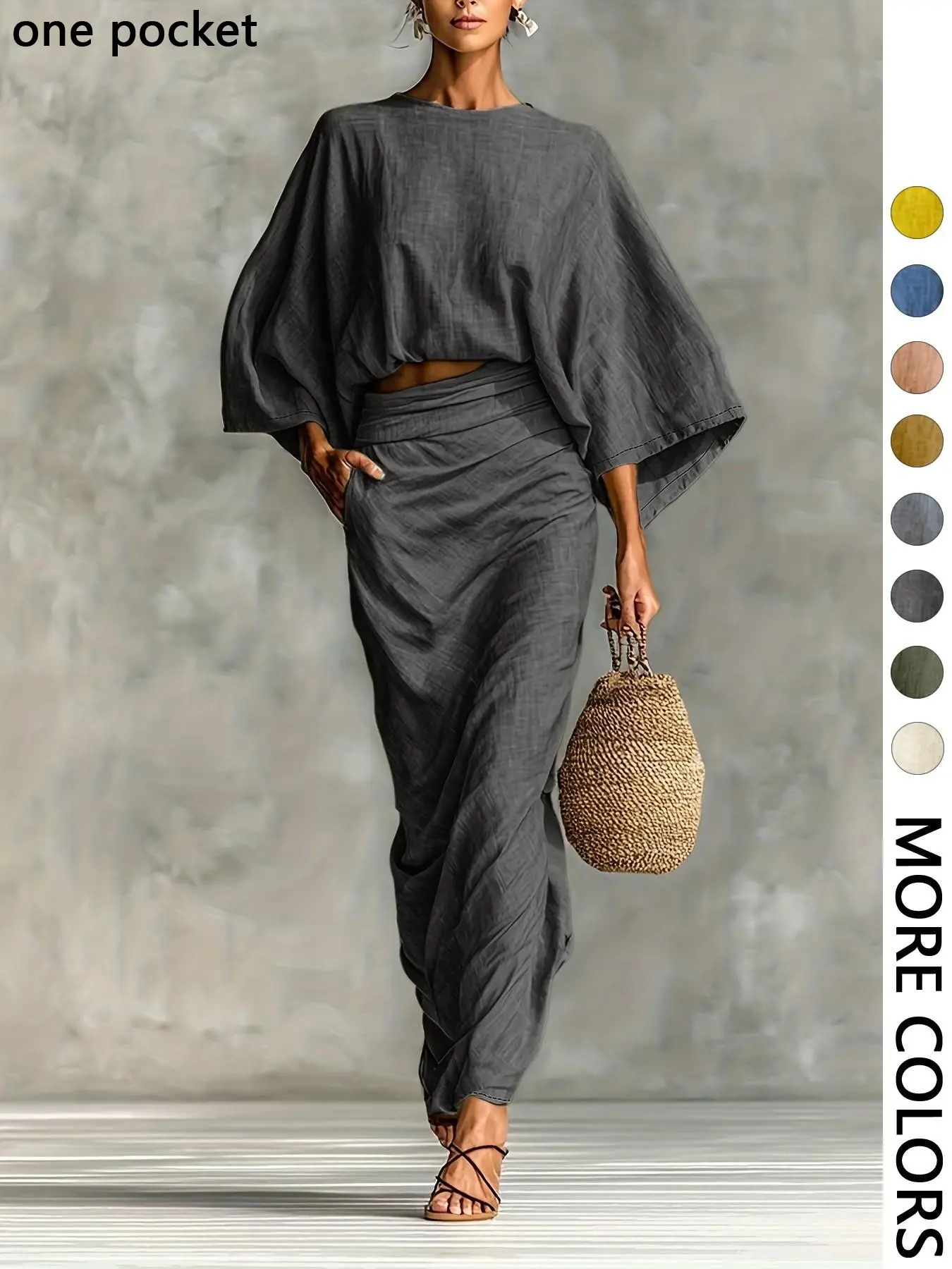 Women's Stylish Loose-Fitting Casual Two-Piece Set, Spring & Fall Comfortable Long Skirt with Waist Definition and Pocket one pocket