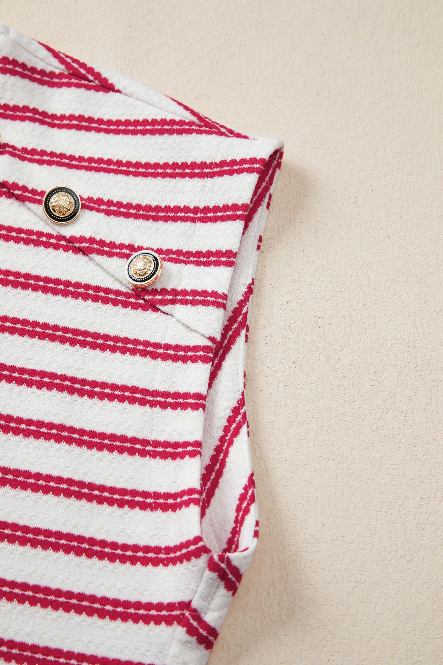 Red Stripe Textured Knit Button Detail Short Sleeve Casual Tee