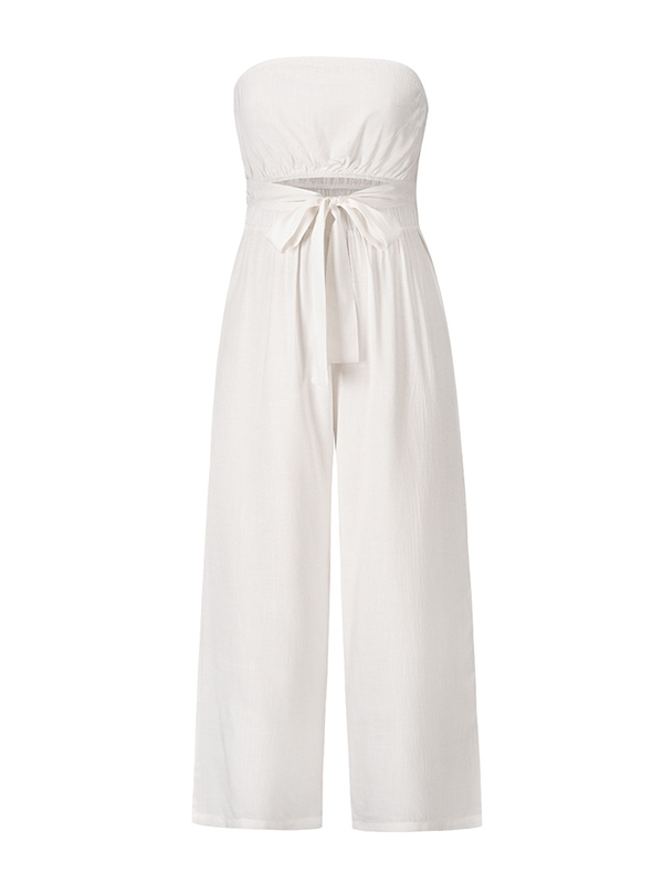 Original Cold Shoulder Tied Solid Color Straight Leg Jumpsuits