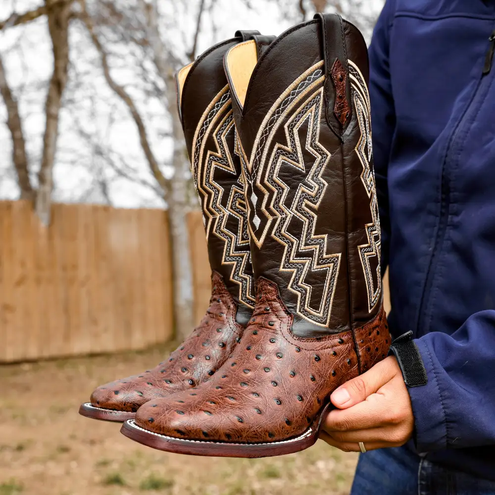 Chocolate Brown Ostrich Leather Boots - Square Toe