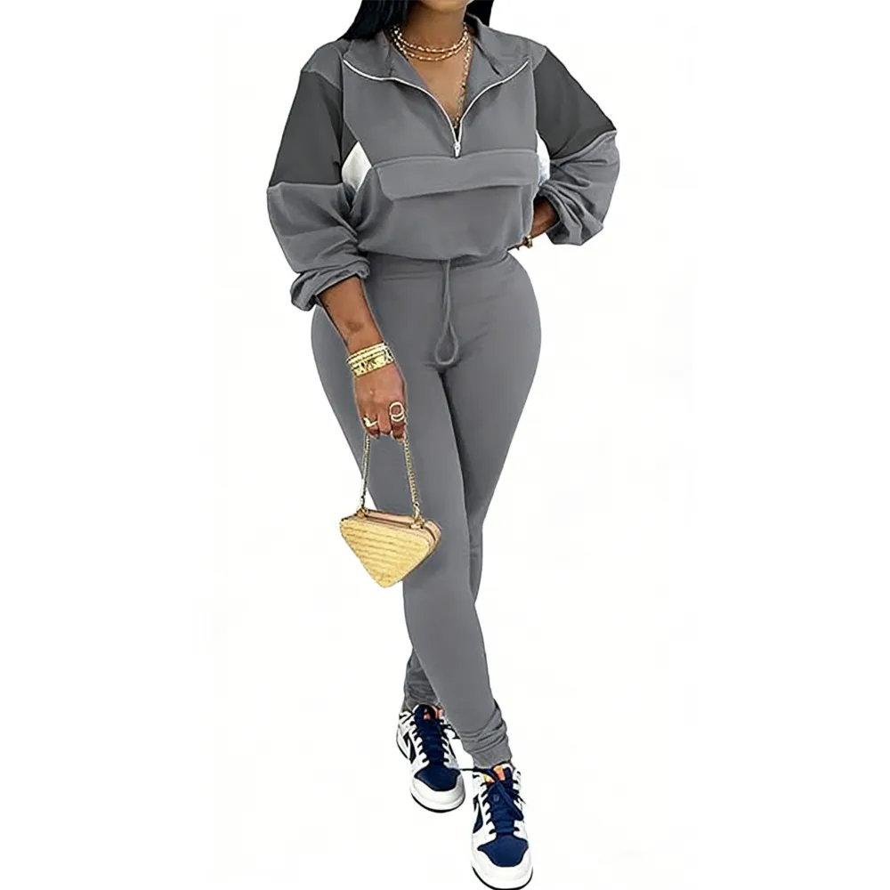 Women's Colorblock 2-Piece Knit Zip Jacket Elastic Waist Tracksuit