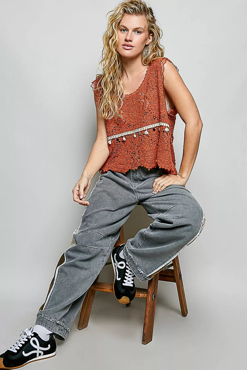 POL Lace Trim Openwork V-Neck Crochet Tank with Scalloped Edge