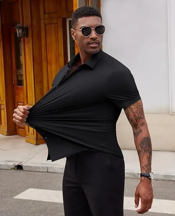 Alimens&Gentle Stretch Dress Shirts For Men Short Sleeve Slim Fit Casual Button Down Shirts Muscle Fit Men'S Dress Shirts