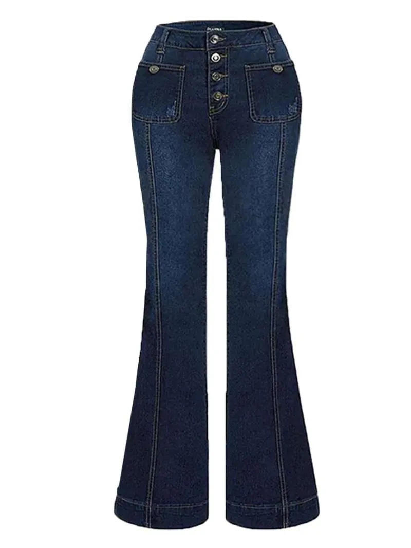 Women's Plain Flare Leg Jeans with Button & Pockets , Casual Bell Bottom Trousers for Daily Wear