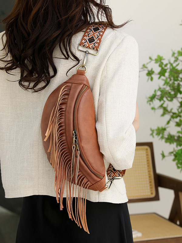 Geometric Tasseled Zipper Crossbody Bags