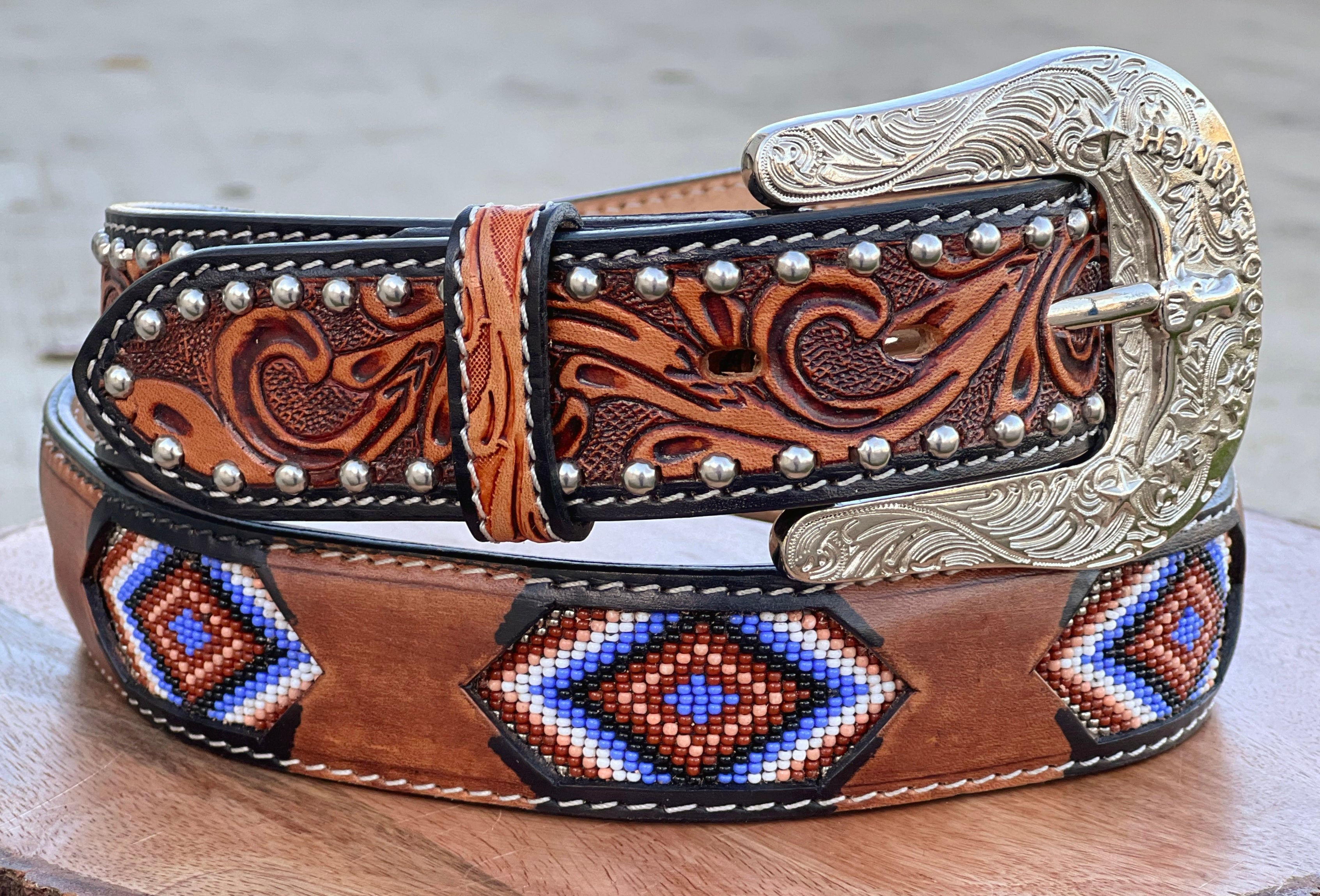 Honey Hand-Tooled Leather Artesanal Tabs With Silver Studs Brown and Purple Beaded Belt