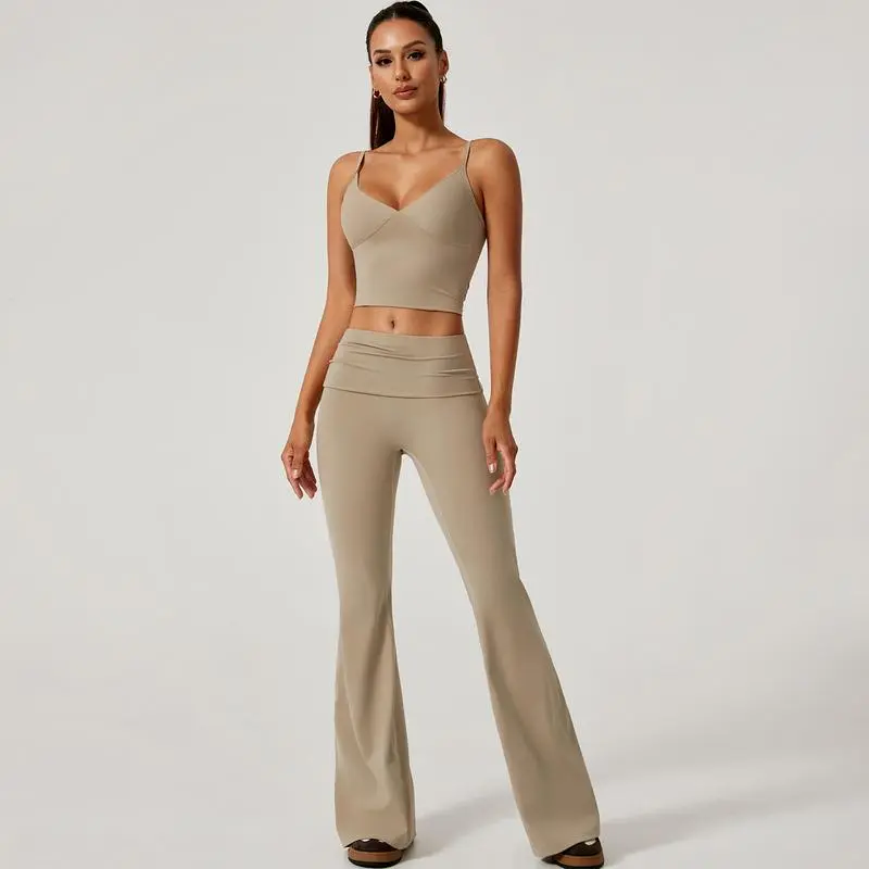 Women's 2-Piece Deep V Crop Cami & Flared Pants Set