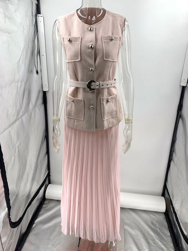 Sleeveless Chanel style vest vest mesh pleated skirt two-piece set