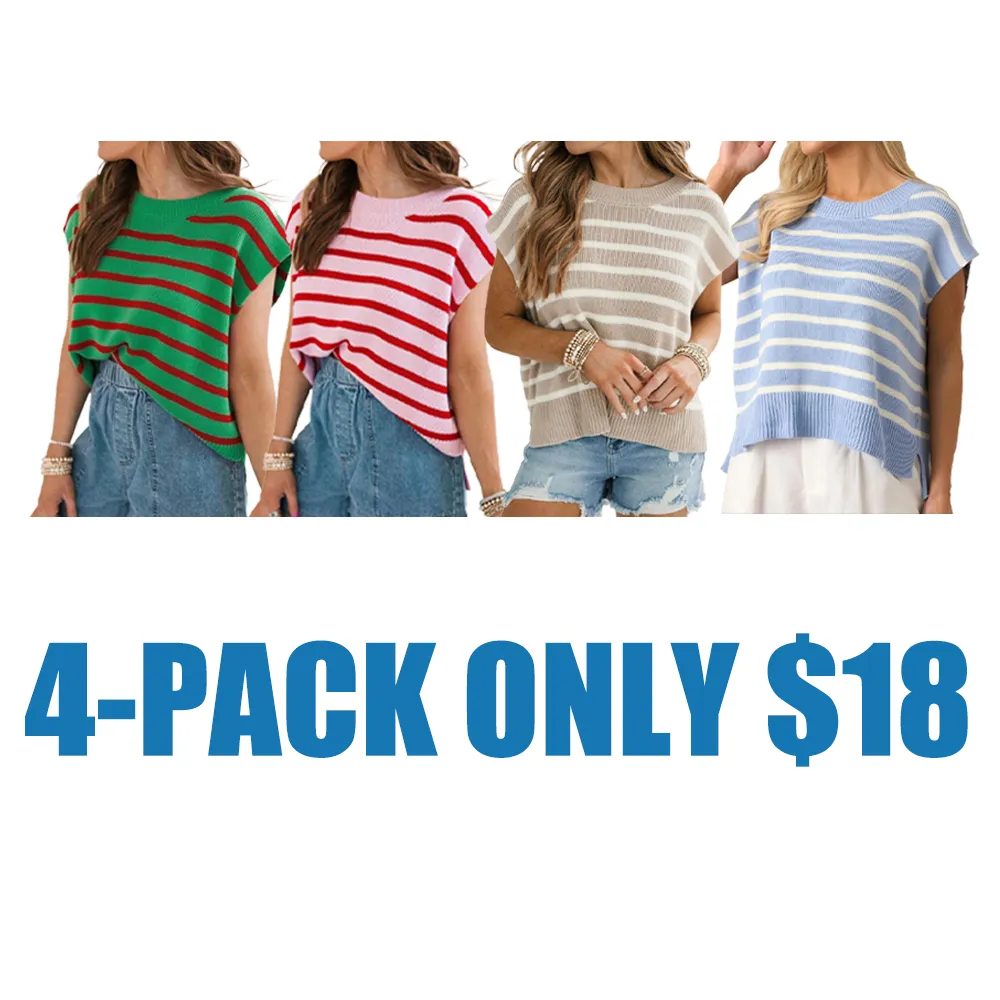 Women's Striped Print Crew Neck Sweater Pullover(Just $3 Each!)