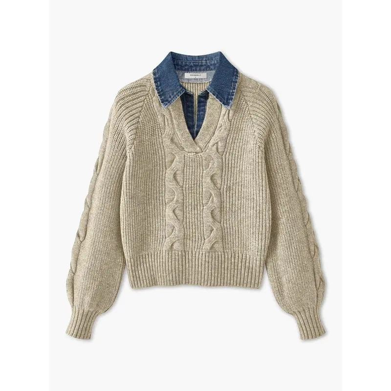 Denim Panel Ribbed Lapel Sweater