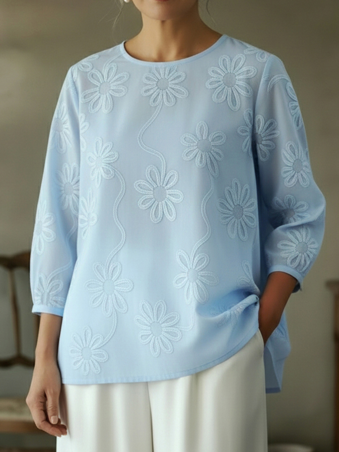 Romantic Floral Embroidered Cutout Design Blouse Shirt