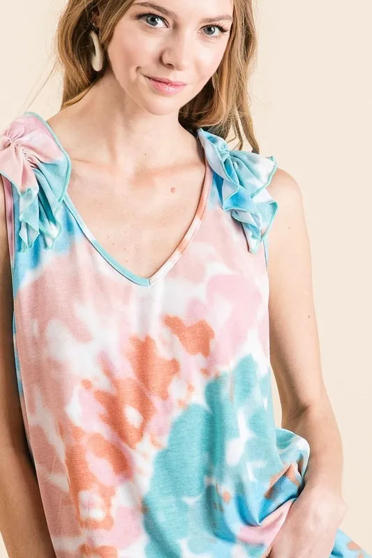 Circular Tie Dye Knit V Neck Top With Ruffle
