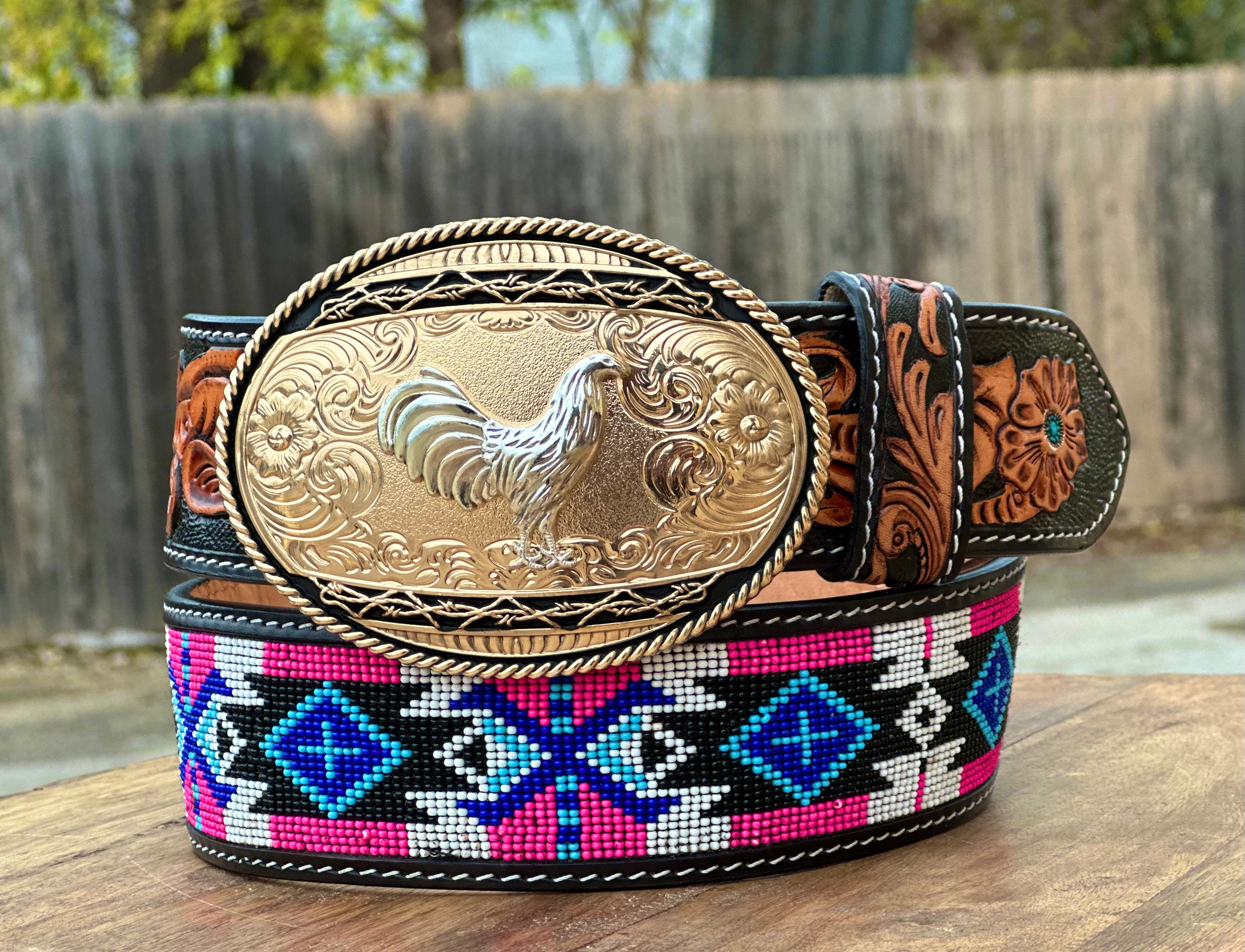 Hand-Tooled Artesanal Tabs With Pink and Blue  Beaded Leather Belt