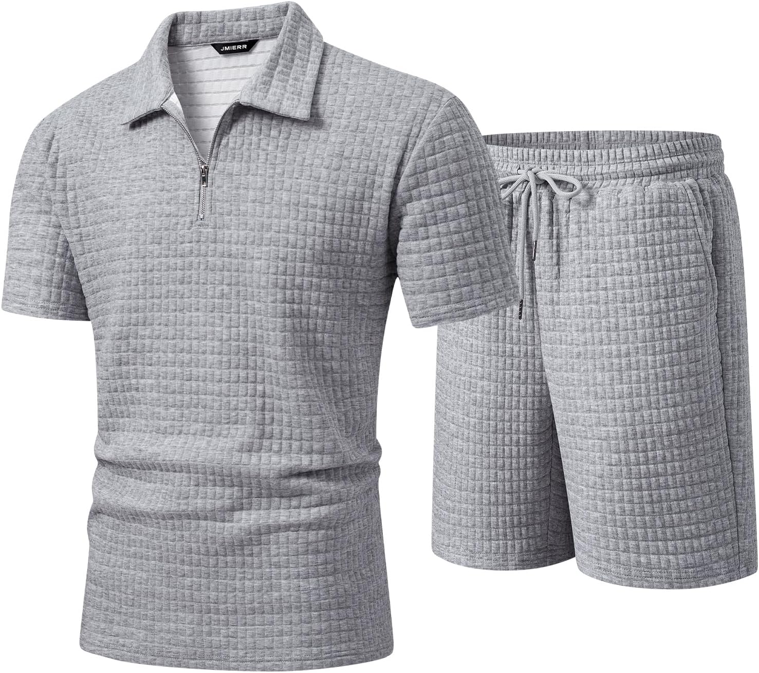Men's 2 Piece Waffle Knit Outfit Half Zip Polo Shirt and Shorts Textured Summer Set