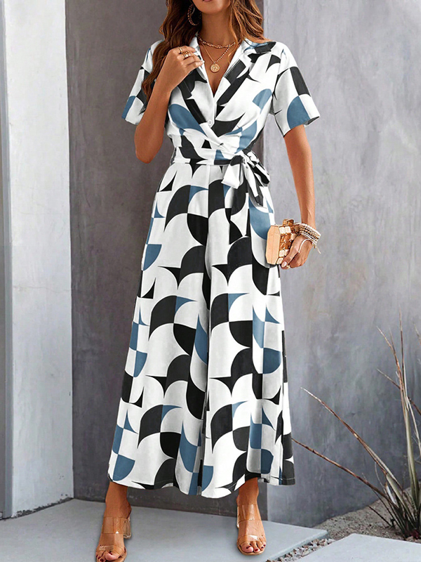 Buttoned Contrast Color Tied Waist High Waisted Loose V-Neck Jumpsuits
