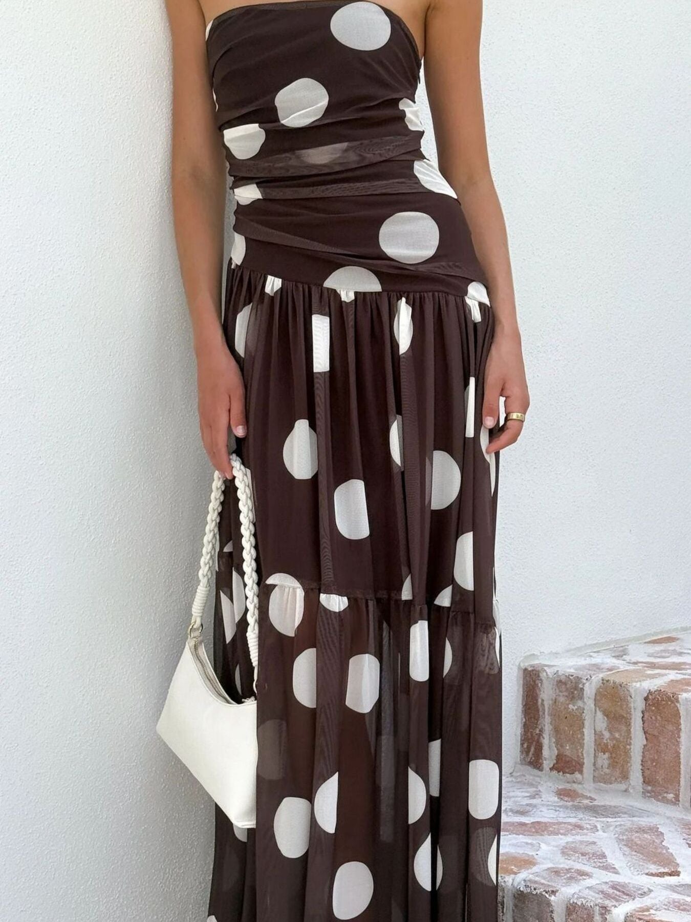 Polka Dot Strapless Ruched Maxi Dress