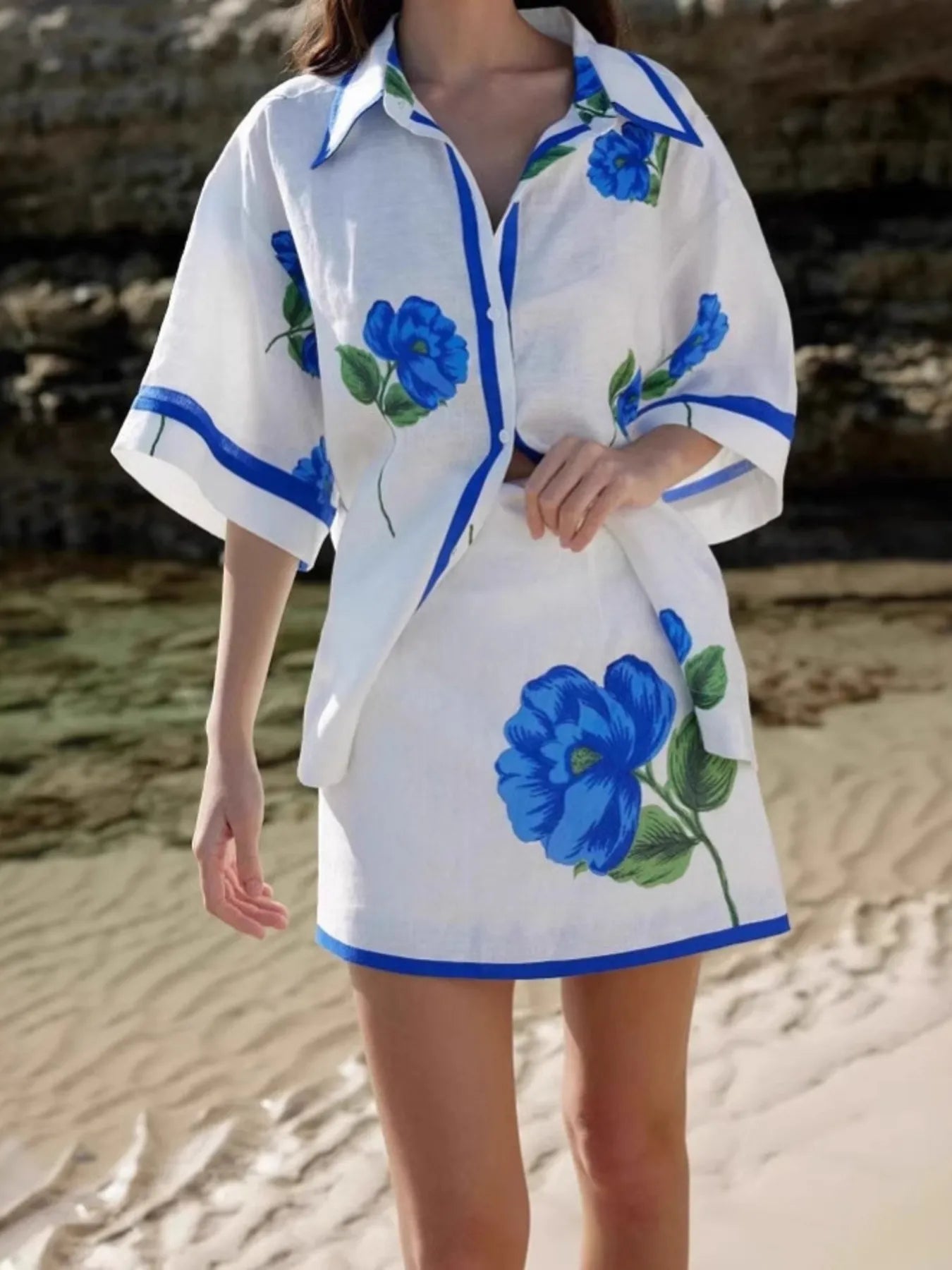 Floral Print Button-Up Shirt and Mini Skirt Set