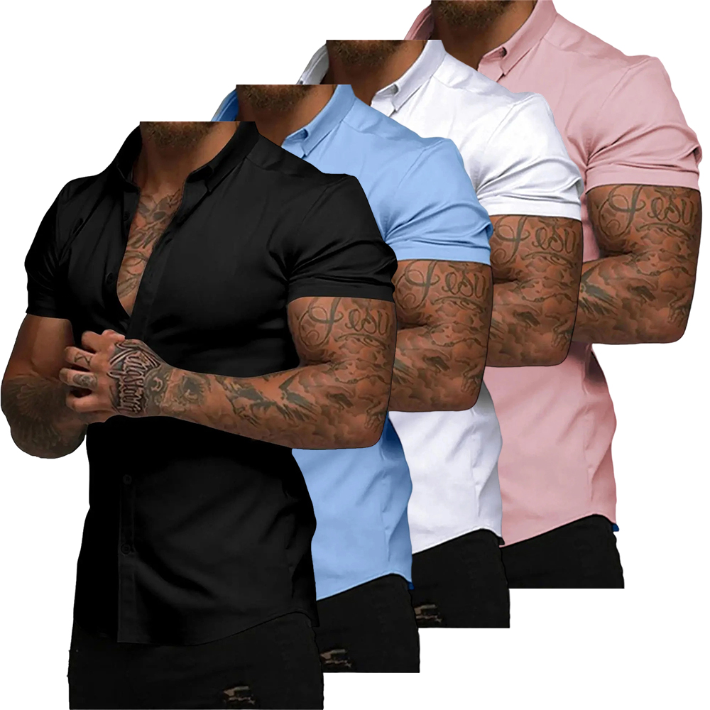 Mens Muscle Fit Dress Shirts Casual Button Down Shirt Short Sleeve Wrinkle-Free Shirts
