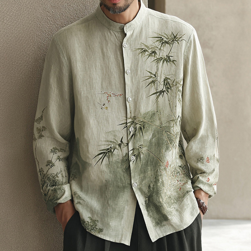 Men's Japanese-style Bamboo Pattern Art Casual Shirt