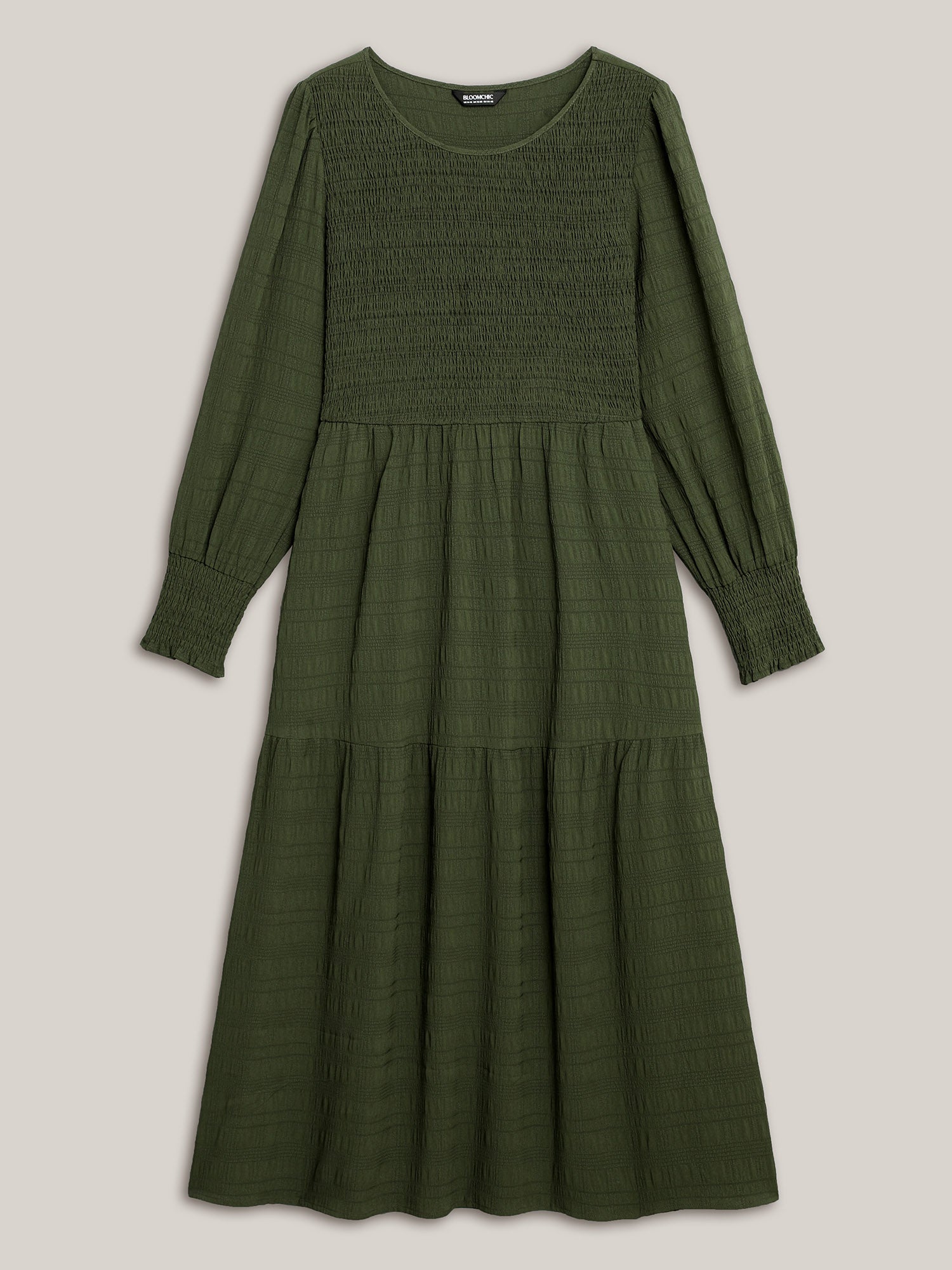 Plain Textured Shirred Midi Dress