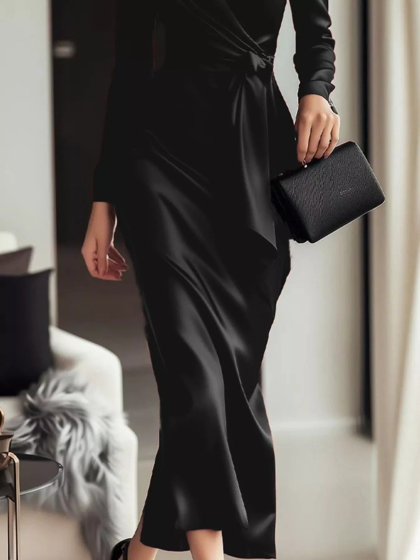 Satin Wrap Long Sleeve Midi Dress