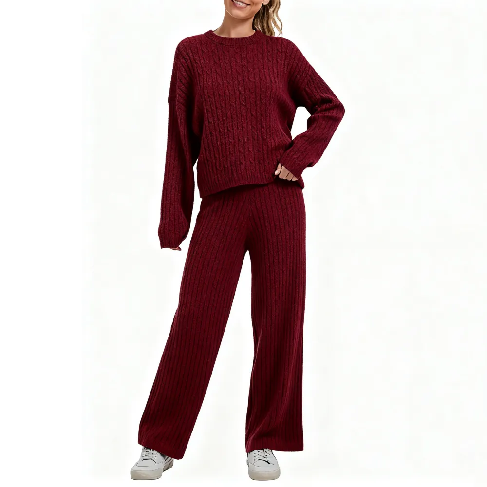 Women's Cable KnitBLACK FRIDAYSweater Lounge Set-Long Sleeve Pullover Top &High-Waisted Wide Leg Pants, Cozy 2-PieceOutfit for Fall & Winter
