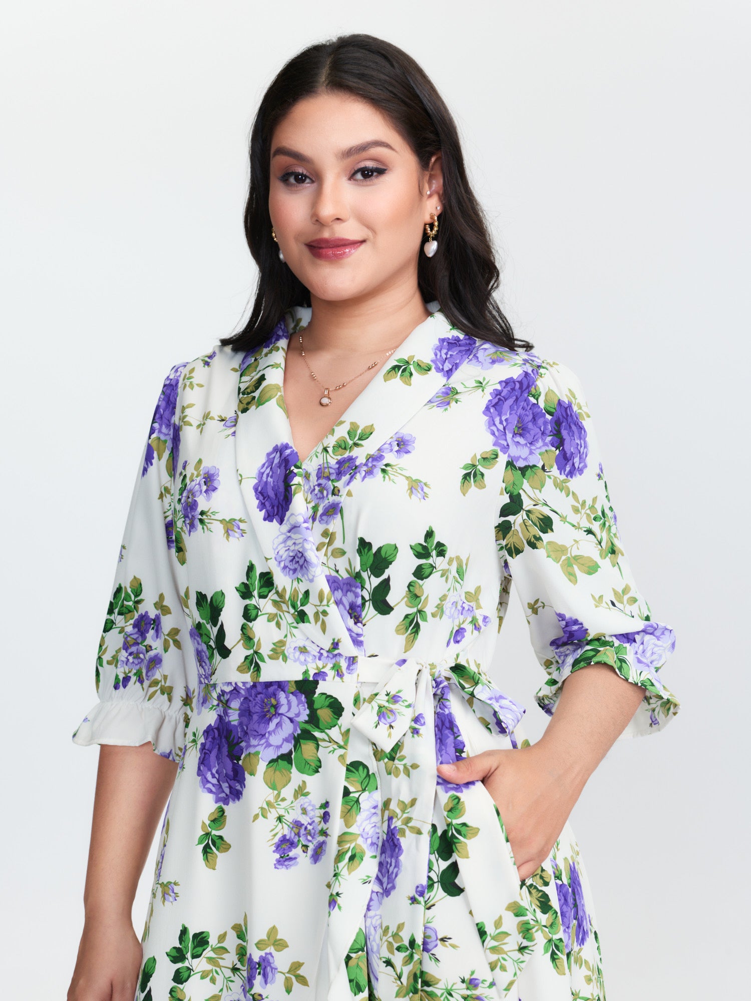 Large Floral Print Wrap Pockets Midi Dress