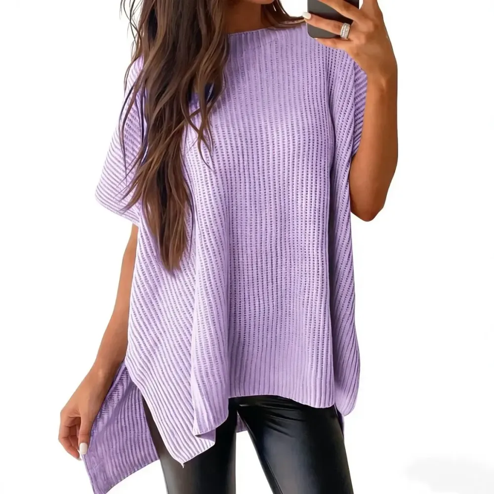 2026 Spring/Summer Oversized Cozy Ribbed Knit Top Women’s Crew Neck Short Sleeve Pullover Elegant Solid