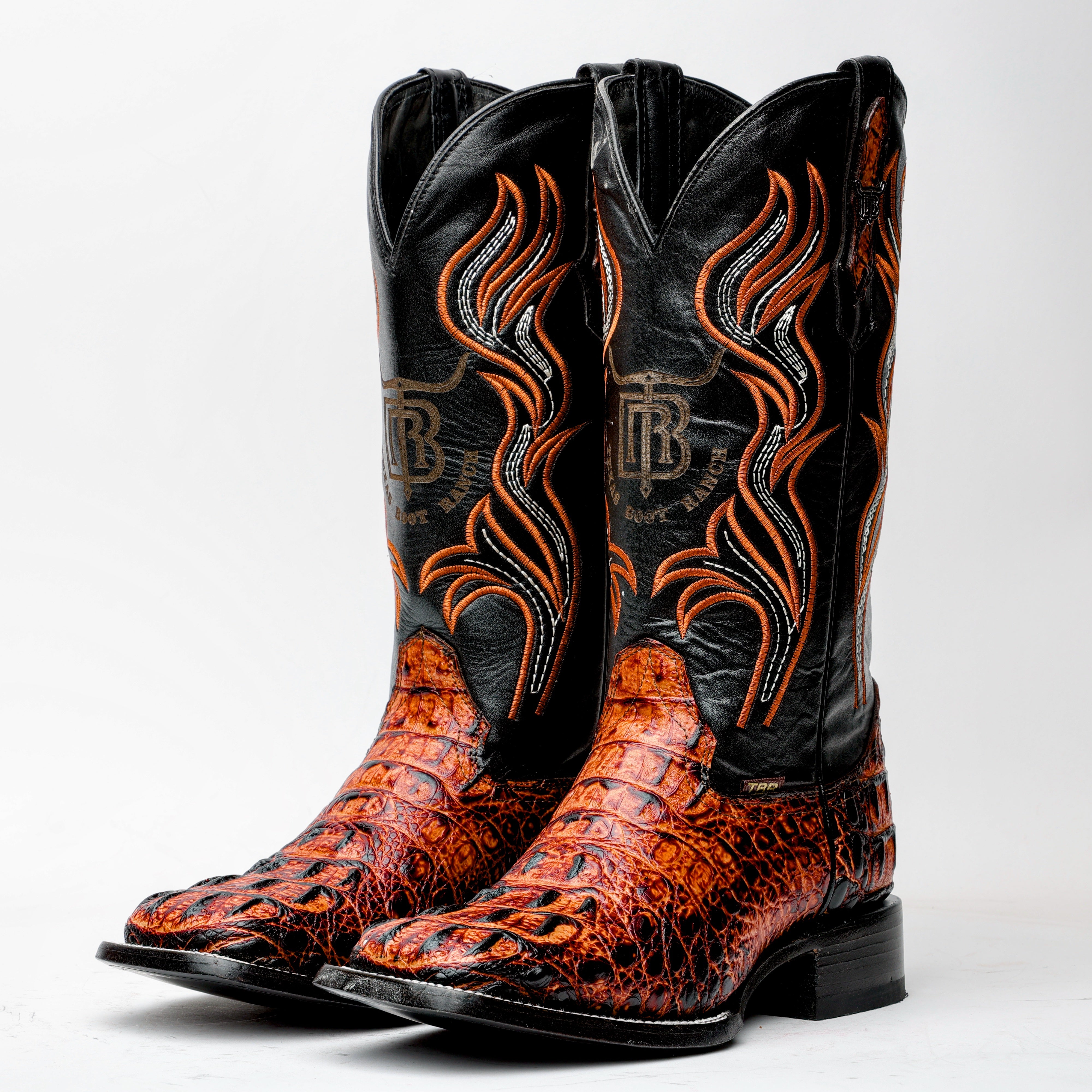 Cognac Caiman Neck Leather Boots - Square Toe