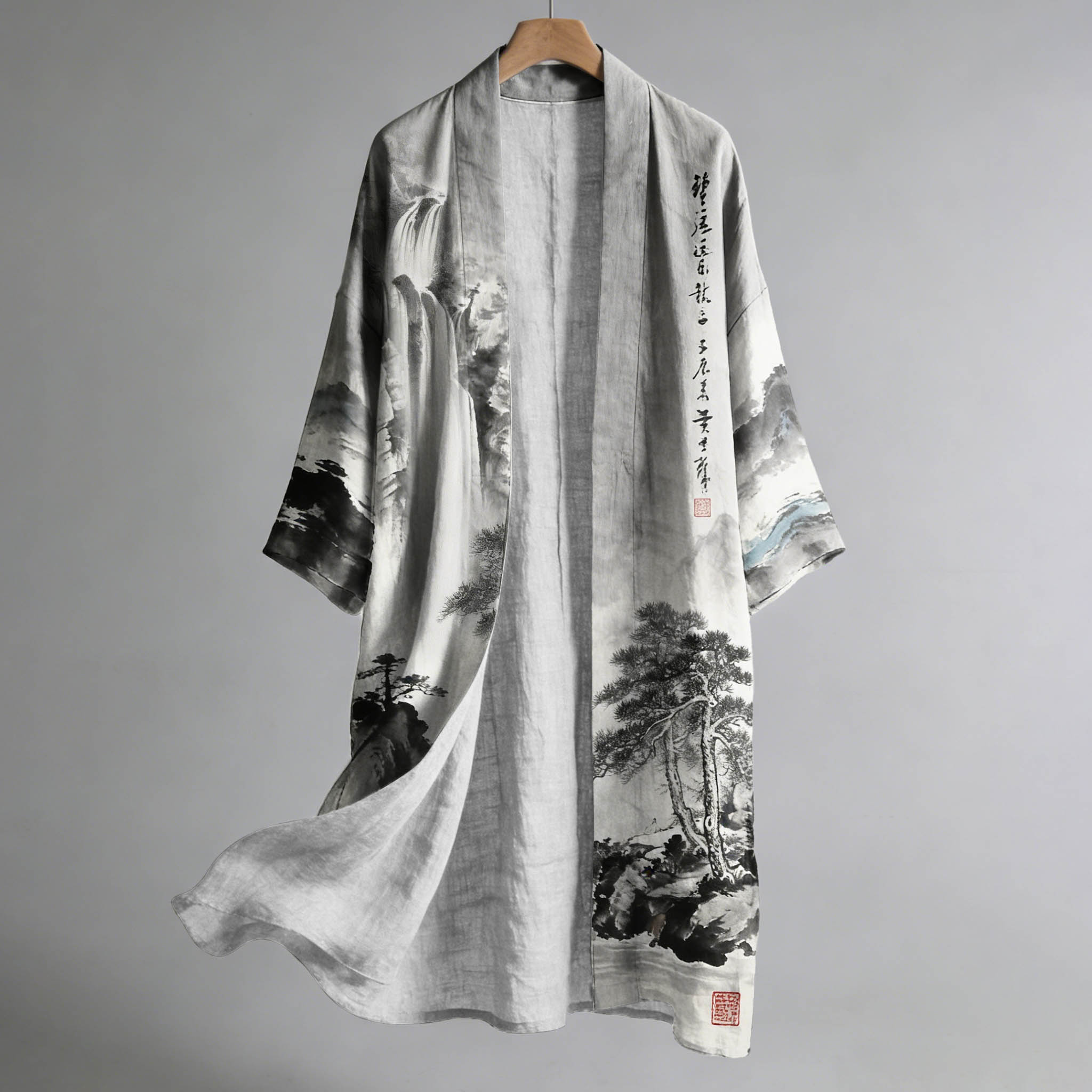 Men's Retro Landscape Painting Art Linen Long Kimono