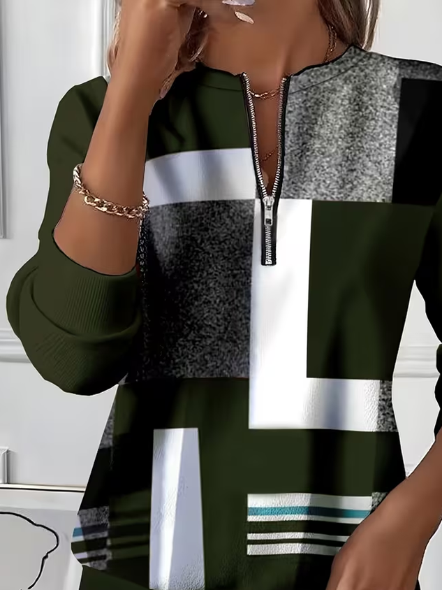 Women's Abstract Print Casual Zipper Long Sleeve Sweatshirt