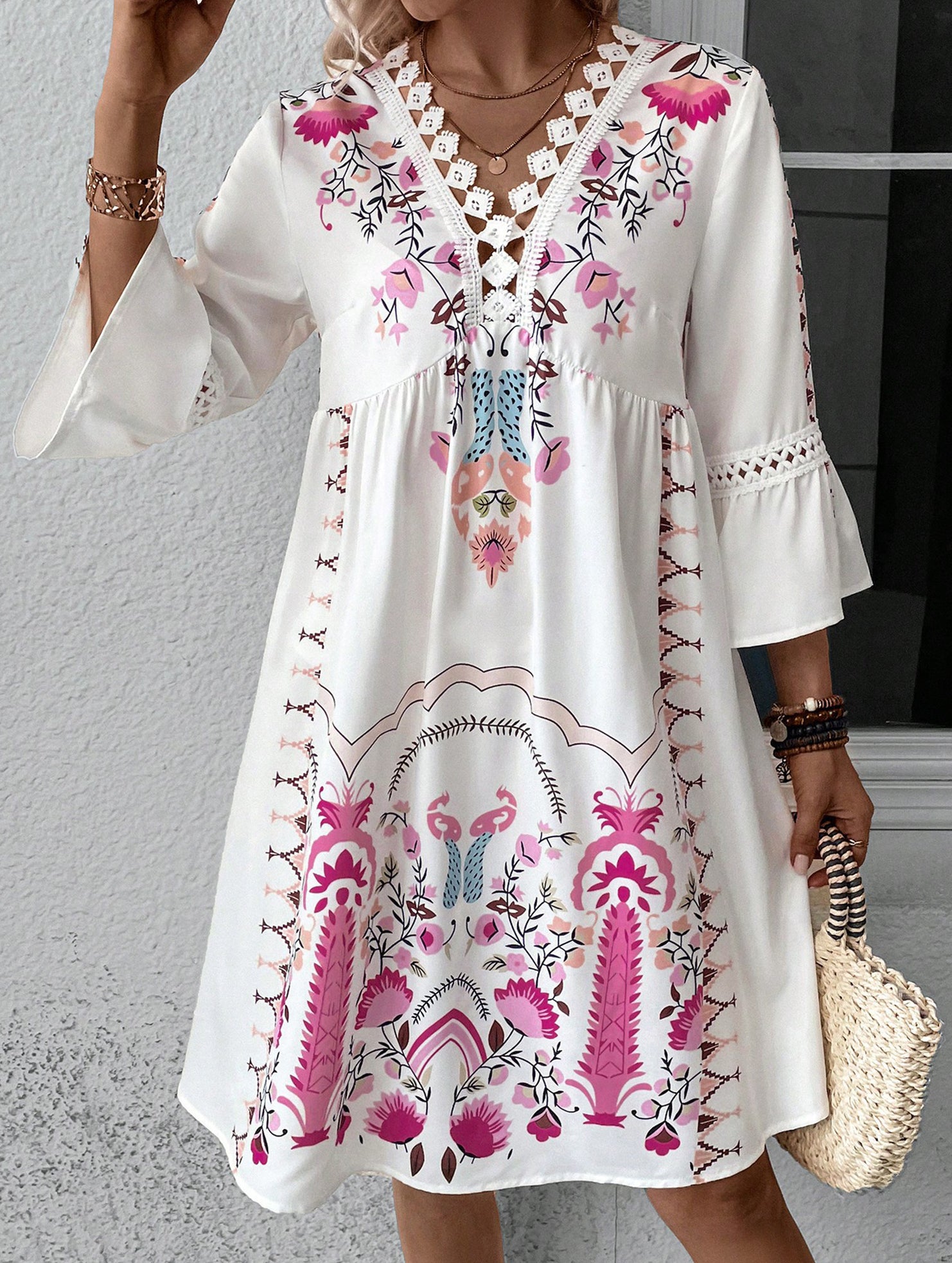 V Neck Lace Patch Print Dress