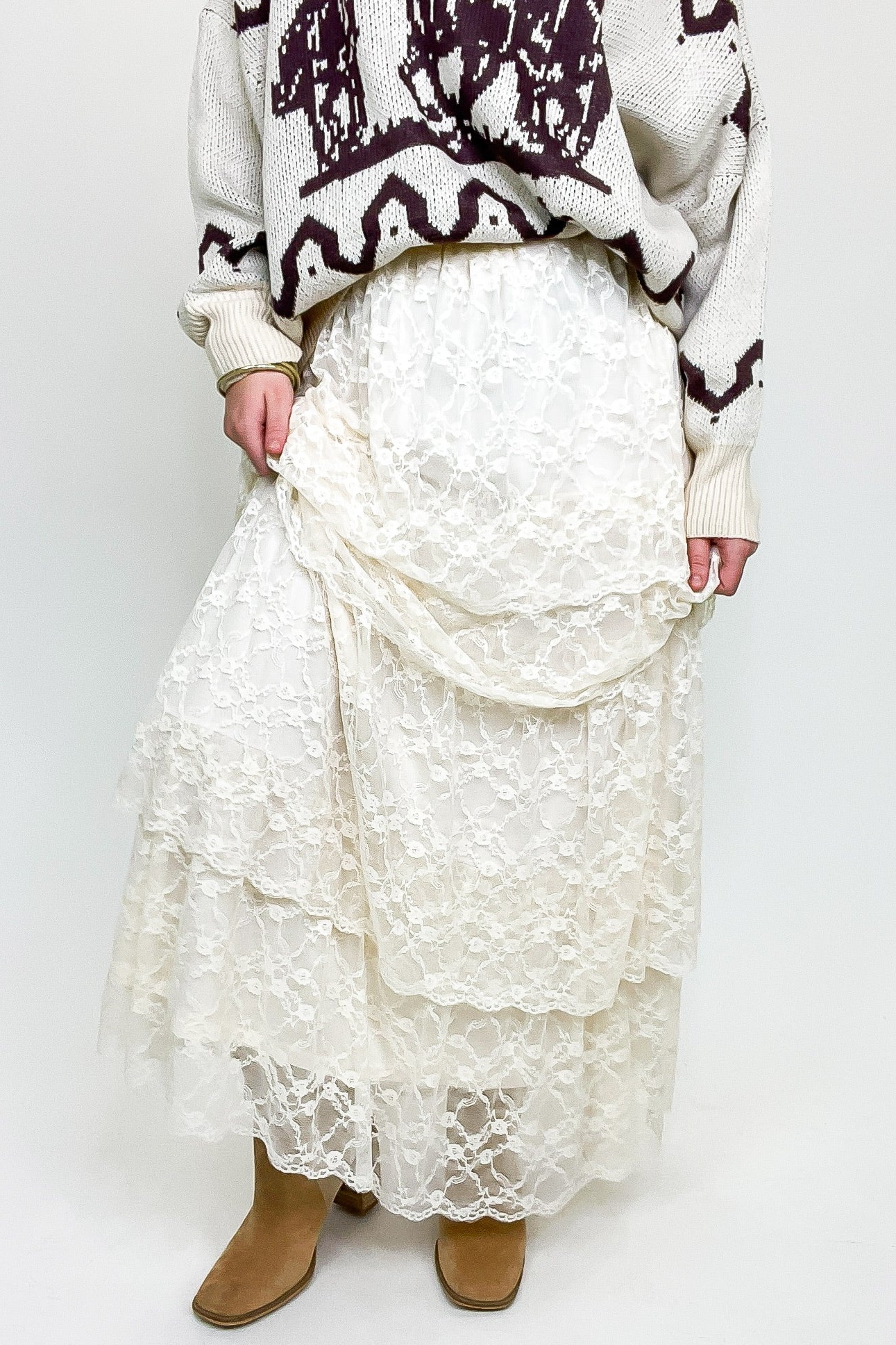 Vintage Veil Tiered Lace Maxi Skirt