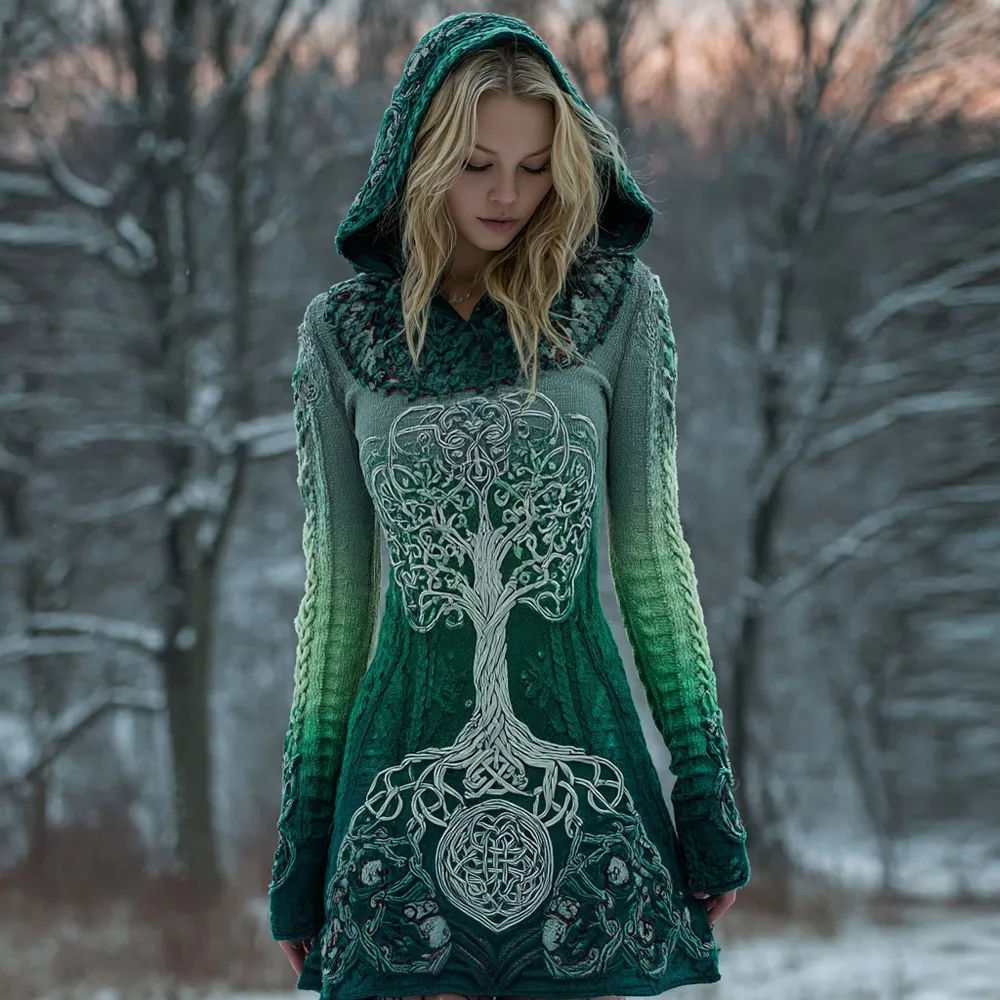 Vintage Viking Tree Of Life Gradient Knit Sweater Dress
